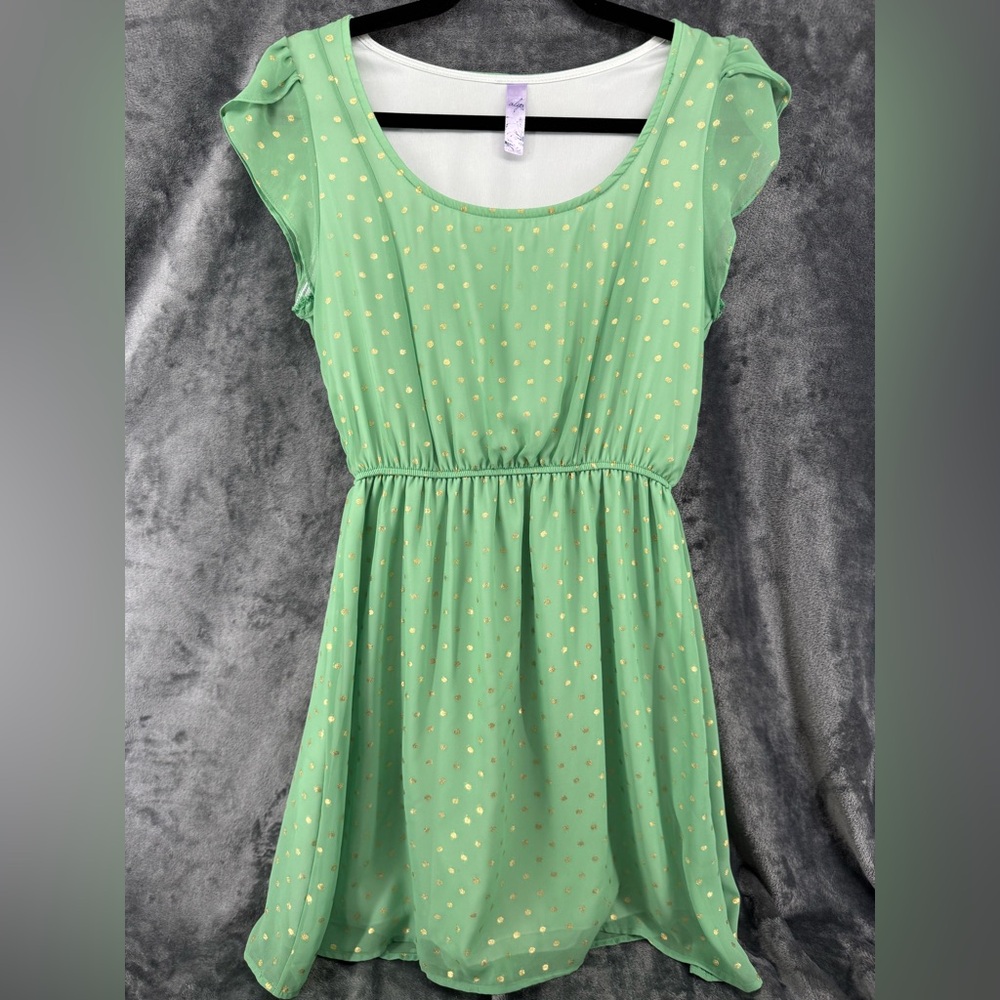 Francesca's Collection Ayla Green Gold Polka Dot Cap Sleeve Dress Small Made USA